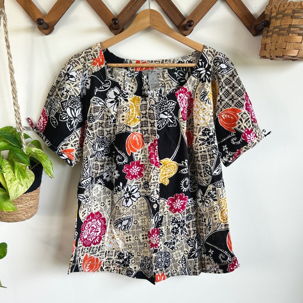 Vintage IB Diffusion Cotton Floral Patchwork Button Up Blouse Top Retro